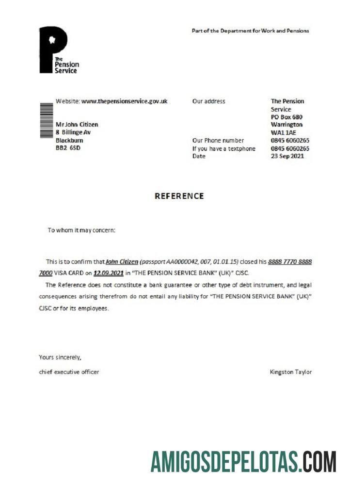 Reino Unido A referência de encerramento do serviço de pensões amostra